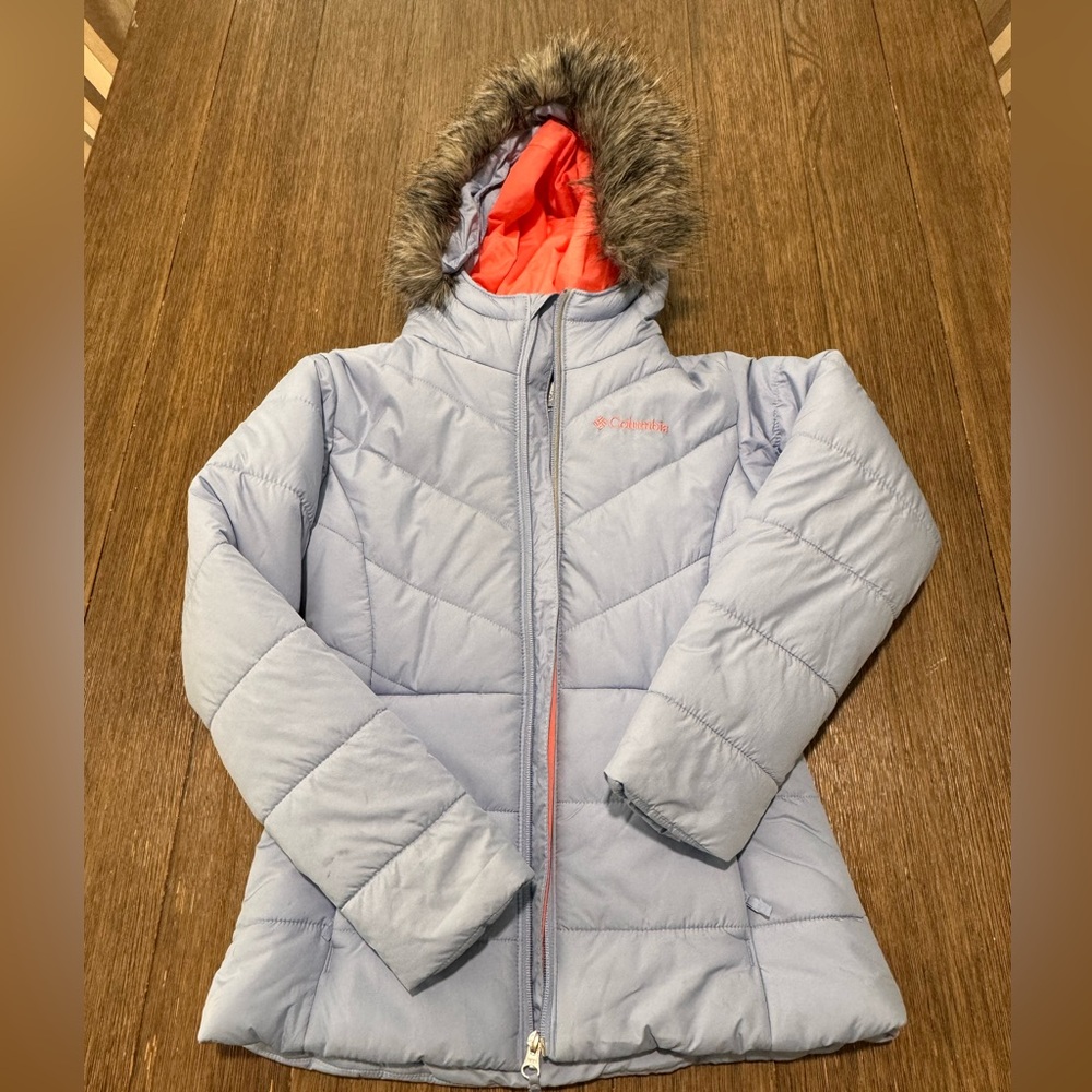 Columbia Light Blue Puffer Jacket with Orange Lining and Faux Fur Trim